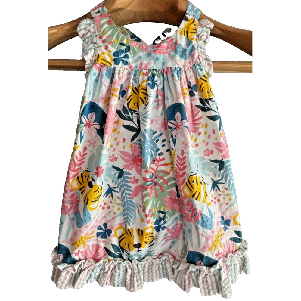 Bonnie Baby Girls 24M Tiger Print Floral Sundress Seersucker Ruffle Trim Summer